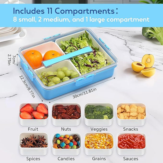 Snackle Box Container for Adults, 11 in 1 Divided Serving Tray Snack Box Containers with Stackable Compartment and Handle, Customizable Charcuterie Boxes Portable Snack Platter for Party Travel, Blue