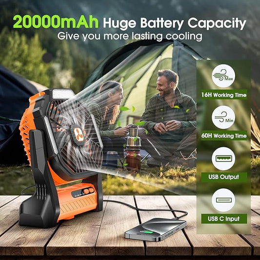 Portable Rechargeable Fan, 20000mAh Cordless Battery Powered Camping Fans with SOS & LED Lantern, Small USB C Operated Outdoor Tent Ventilador for Travel Camp Fishing Picnic Home Worksite Supplies