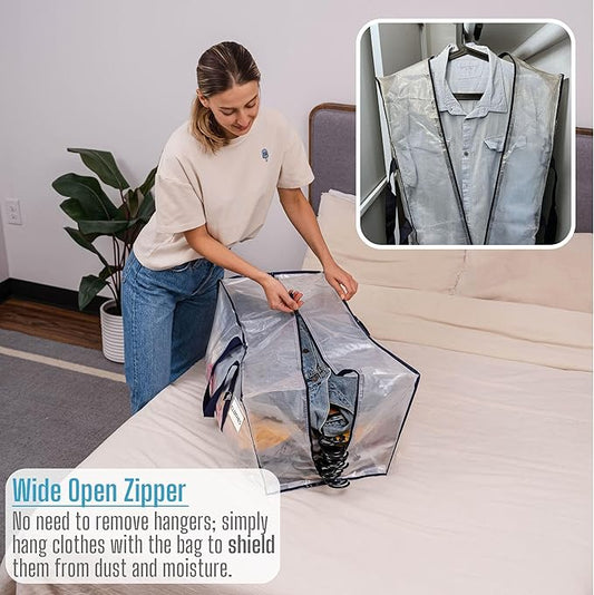 VENO 10 Pack Moving Bags Plastic Storage Totes Clothes Organization Large W Lid/Zipper. Packing Boxes/Bins Alternative. Space Saving Foldable College Supplies Essentials (Clear, 10 Pack)