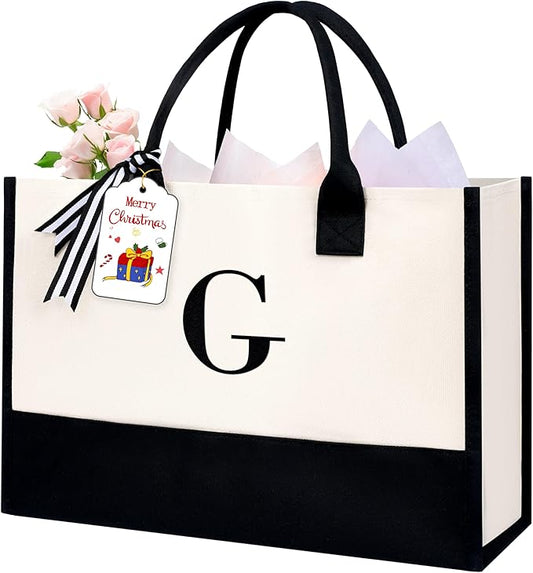 BAGAIL Initial Tote Bag, Personalized Birthday Gifts for Women, Teacher, Friends, Mom, Wedding, Monogrammed Beach Bag