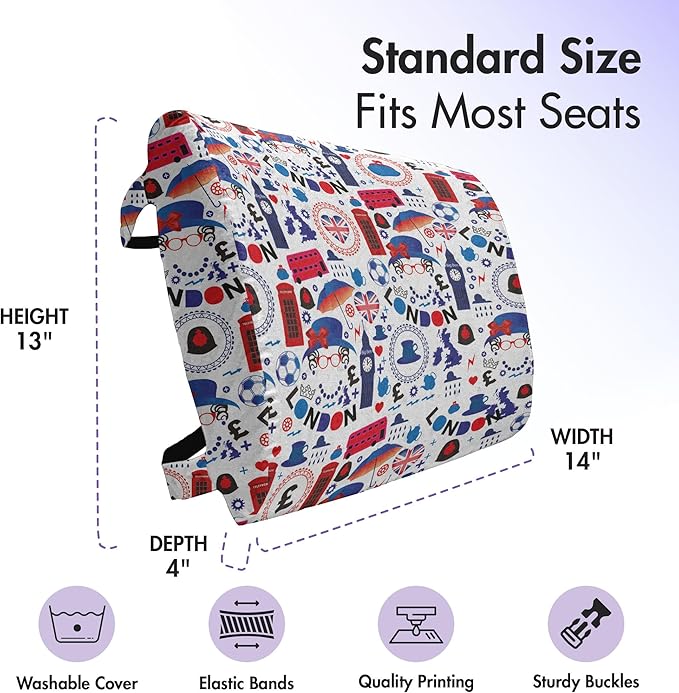 Ambesonne London Lumbar Back Support Pillow, Pattern with London Queen Elizabeth Umbrella Tea Party Map Travel Theme, High Density Foam for Office Chairs Car Seats, 14" x 13", Ruby Blue