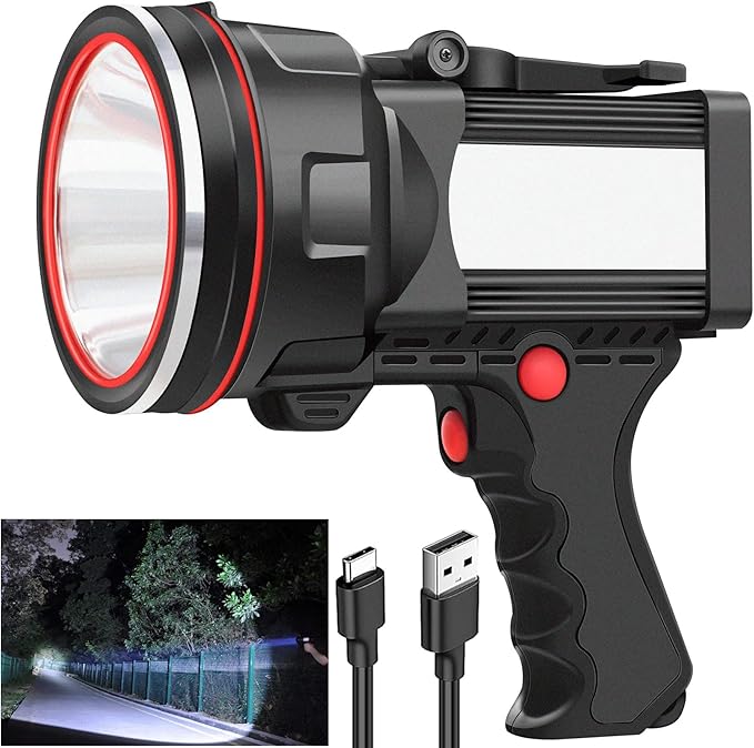 Rechargeable Spotlight Flashlight, Super Bright Handheld Spot Light with COB Light & Foldable Stand, Waterproof Long Lasting Hand Held Searchlight Spotlight for Boating Camping Hunting Fishing
