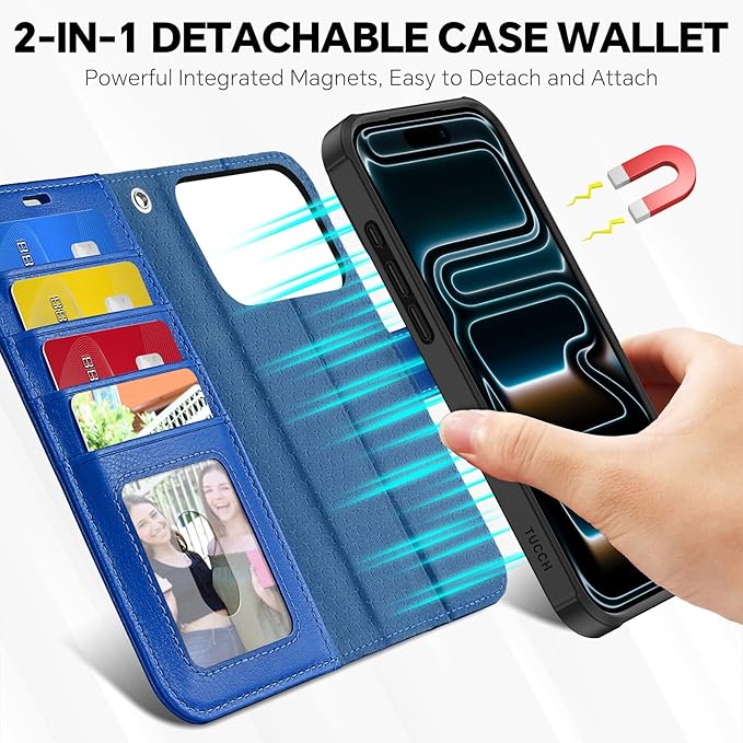 TUCCH 2-in-1 Detachable Wallet Case for iPhone 17 Pro (6.3-inch) 2025, RFID Blocking 4 Card Slot | Wireless Charging | Wrist Strap | Kickstand | Magnetic | PU Leather | Protective Cover | Klein Blue