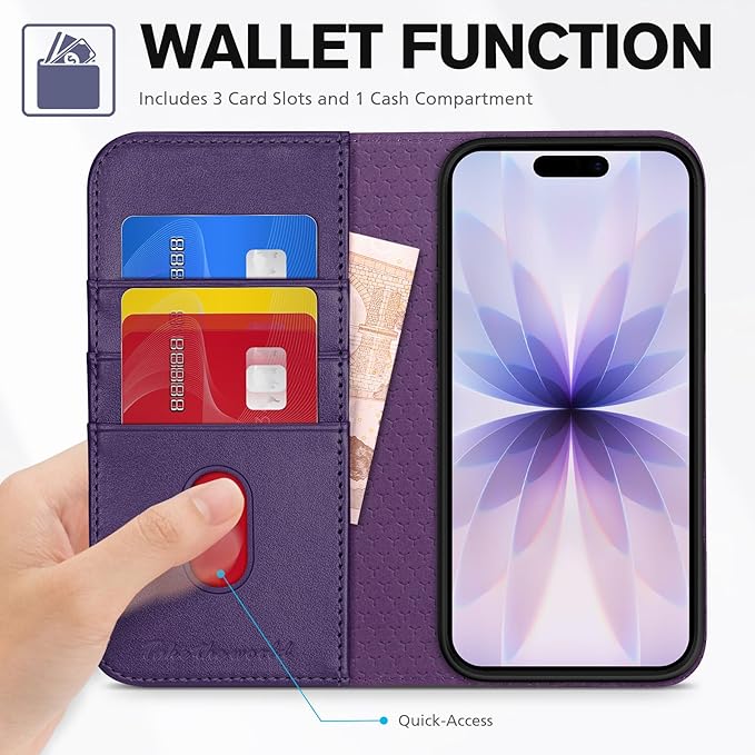 TUCCH Wallet Case for iPhone 17 (6.3") 2025, 3 Credit Card Slot | RFID Blocking | Stand | PU Leather | Protective Flip Folio Cover | Shockproof TPU Interior Shell | Dark Purple