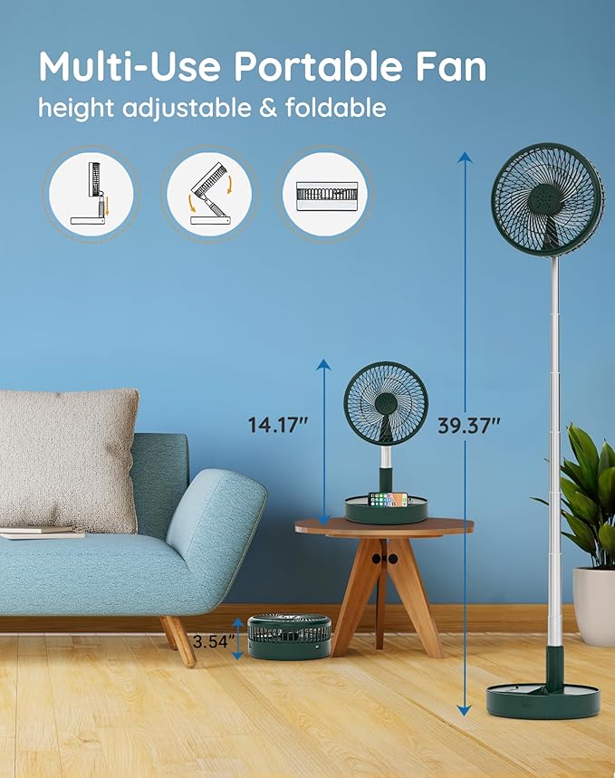Primevolve Battery Operated Fan,Portable Rechargeable USB Floor Table Desk Fan with Adjustable Height, 4 Speed Settings Pedestal Fan for Bedroom Camping Travel,Green 7.7"