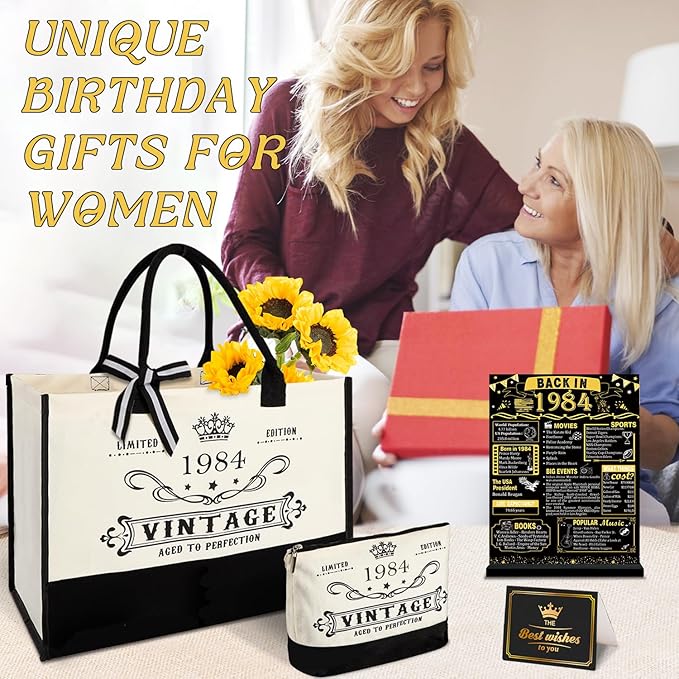 YeohJoy 41st Birthday Gifts for Her Canvas Tote Bag Travel Gear, Unique 41 Years Old Birthday Gifts for Girlfriend Sister Friends Women, Vintage 1984 Handbag & Cosmetic Bag & Back in 1984 Poster