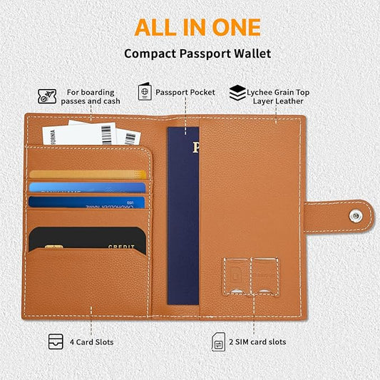 Genuine Leather Passport Holder, RFID Blocking Travel Wallet for Men/Women, Stylish Passport Cover with Airtag Slot, Durable Passport Wallet case travel essentials (Brown)