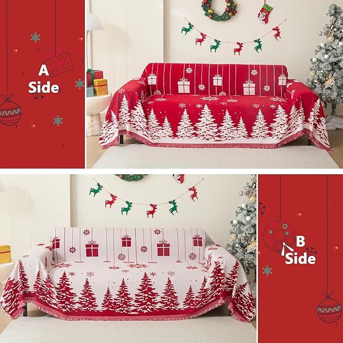 MEETSKY Christmas Couch Cover for Sectional Sofa, Chenille Loveseat Red Sofa Covers Washable for Pet Friendly Cedar Decorative Couch Covers, 71" x 118"