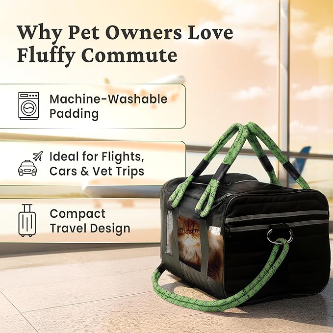 FLUFFY COMMUTE™ TSA Airline Approved Dog Carrier | Soft-Sided | Fits Small Dogs & Pets Up to 15 lbs & 17” Long × 11” Tall | Black w/Green Handle
