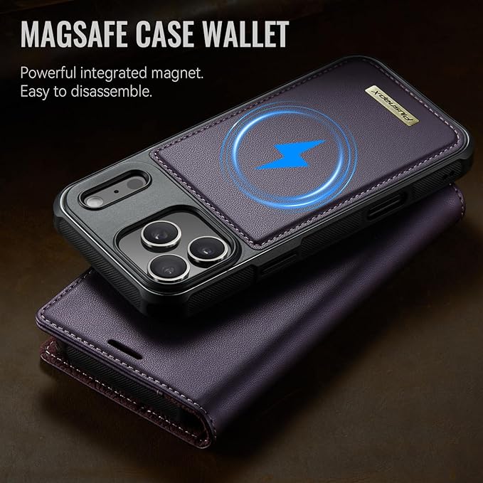 PlusnapX Wallet Case for iPhone 17 Pro Max Compatible with Magsafe, 2-in-1 PU Leather Flip RFID Blocking Card Holder Stand Shockproof Magnetic Detachable Cover for iPhone 17 Pro Max, Fashion Purple