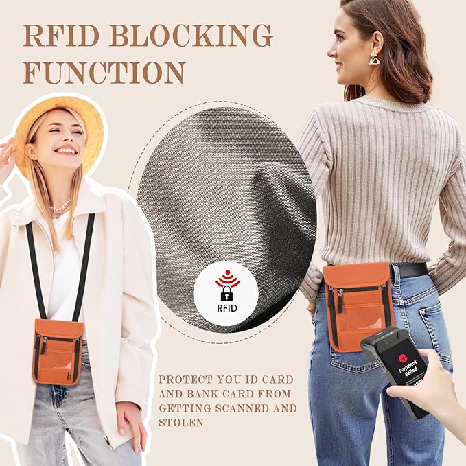 Passport Holder for Travel, Neck Pouch Travel Wallet With RFID Blocking, Waterproof Lightweight Passport Wallet for Women and Men (Orange)