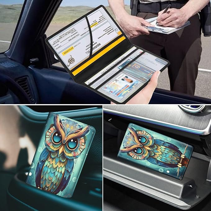Car Registration & Insurance Holder, Leather Glove Box Organizer, Cool Accessories for ID, Driver's License Cards & Essential Documents, Business Cards, Men & Women, Fantasy Owl