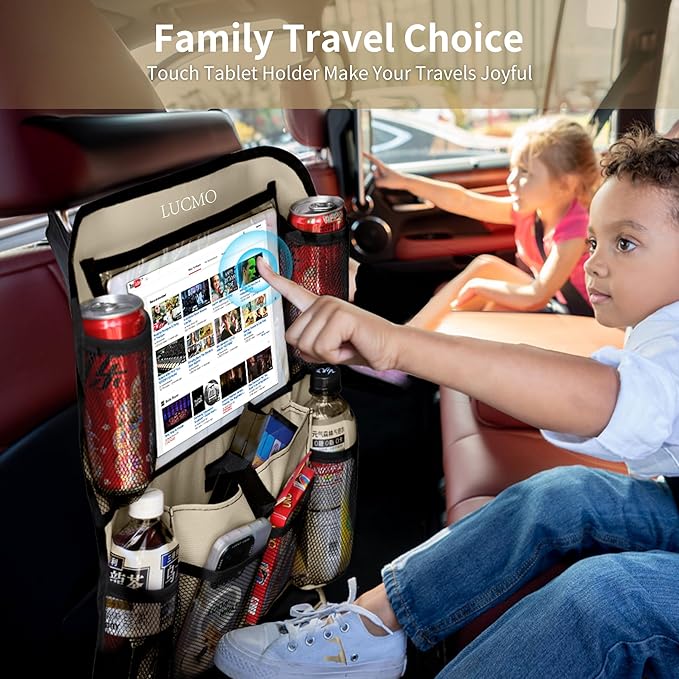 LUCMO Car Backseat Organizer with Touch Screen Tablet Holder-2 Pcs,9 Storage Pockets Car Storage Organizer Protectors Kick Mats Travel Accessories for Kids-Beige