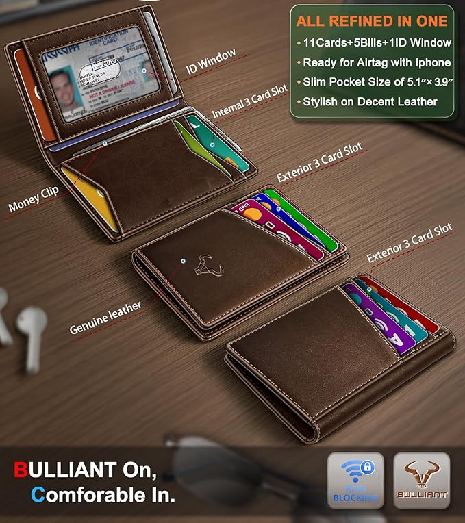 BULLIANT Men Wallet,Top Grain Leather Slim Wallet Magnetic Closure Simplifed Bill Folder RFID Blocking 11Cards
