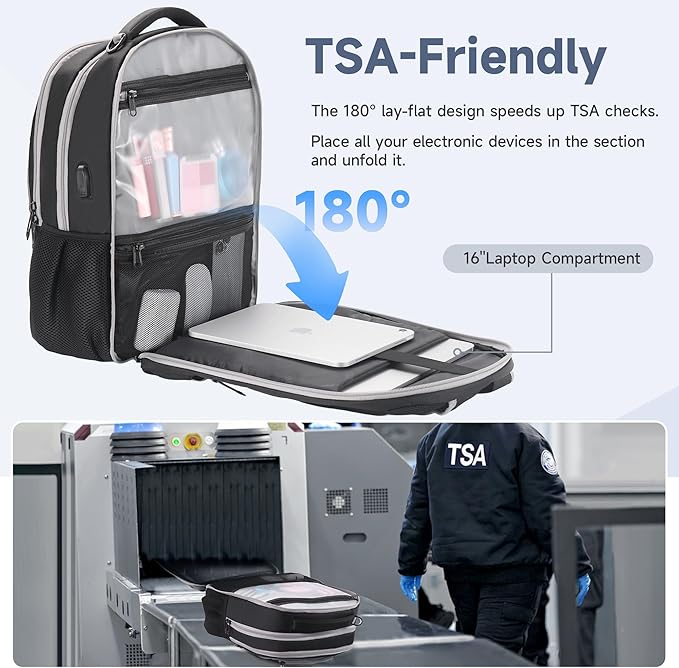 Multipocket TSA Black Travel Laptop Backpack for Men, Anti-Theft Work Business Backpack with USB Charging Port, Airline Approved Personal Item Bag,Water-Resistant Computer Bag Fits 16 Inch Notebook