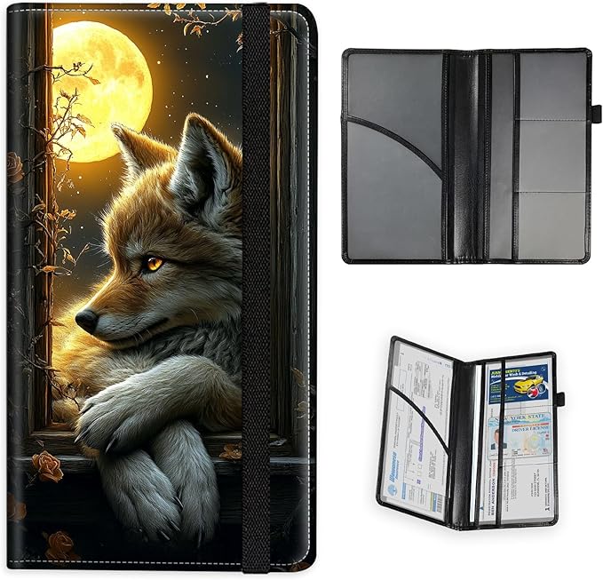 Car Registration and Insurance Holder PU Leather Vehicle Insurance and Registration Holders Wallet Case with Elastic Band Closure for ID Card, Driving Licence, Fox Moonlit Window