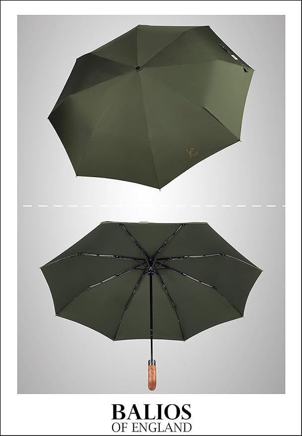 Balios Prestige Travel Folding Umbrella, Handmade Wood Handle, Auto Open & Close