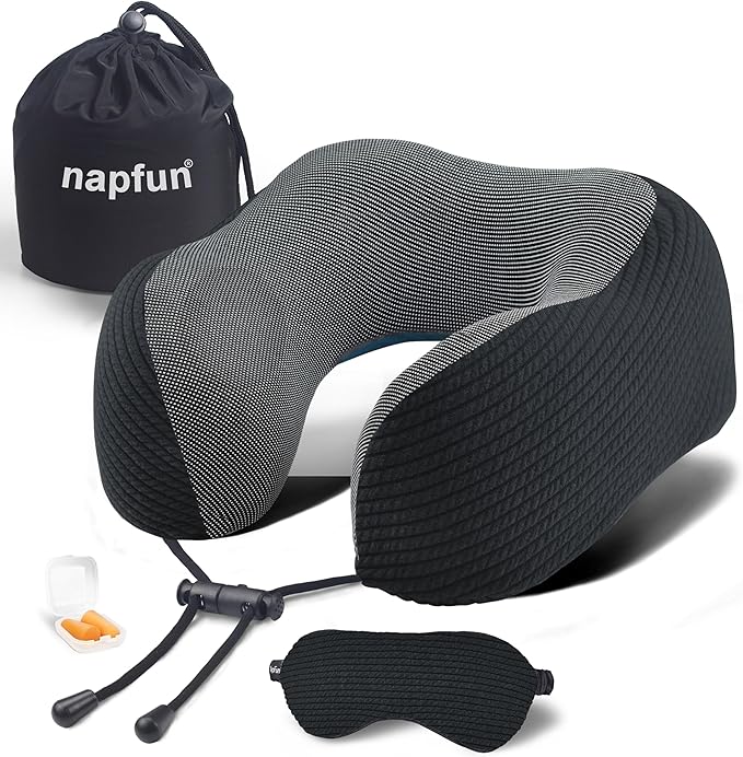napfun Neck Pillow for Traveling, Upgraded Travel Neck Pillow for Airplane 100% Pure Memory Foam Travel Pillow for Flight Headrest Sleep, Portable Plane Accessories, Striped Black