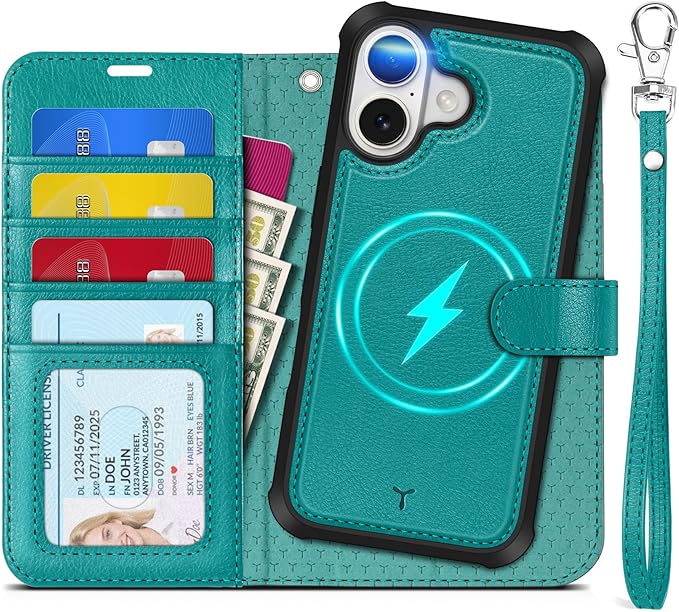 TUCCH Detachable Case Wallet for iPhone 17 (6.3") 2025, Wrist Strap | 4 Card Slots RFID Blocking | Wireless Charging | Stand | 2-in-1 Magnetic | PU Leather | Shockproof Folio Cover | Cyan