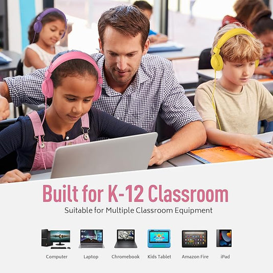 AILIHEN Kids Headphones Wired Bulk 5-Pack for K-12th Grade, School & Classroom, with Microphone, 85dB Volume Limit, Shareable, Foldable, 3.5mm Jack for Chromebook, Computer - Light Color