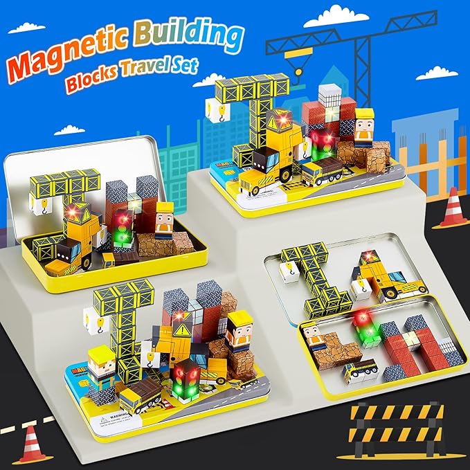 45PCS Magnetic Blocks Travel Toys for Kids with Portable Iron Box, Mini Magnetic Cubes Toys for Airplane & Car Ride STEM Learning Gift Idea for Ages 3+（ Construction Theme）