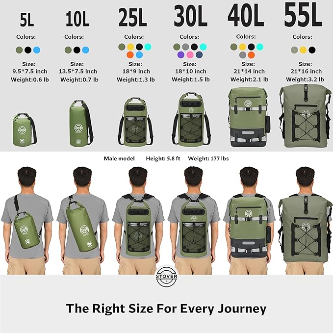 STOVER 5/10/25/30/40/55L Waterproof Dry Bag- Roll-Top Backpack w/Phone Case- Kayaking, Hiking, Camping, Boating- Men/Women