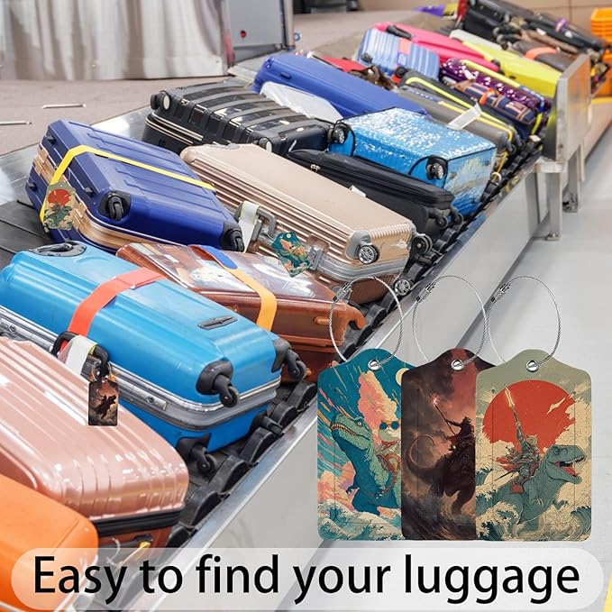 Cat Riding Dinosaur 3 Pack Luggage Tags, PU Leather Luggage Tags for Suitcase,Name ID Labels with Privacy Cover Suitcases and Metal Loop for Travel Bag Suitcase