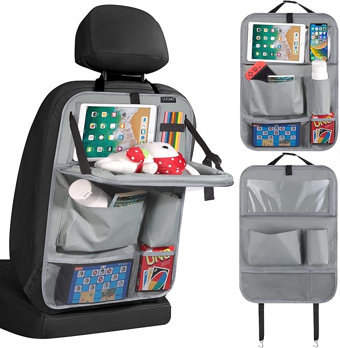 LUCMO Car Backseat Organizer with Tablet Holder,6 Storage Pockets Car Storage Organizer with Foldable Food Tray,Protectors Kick Mats Travel Accessories-Grey