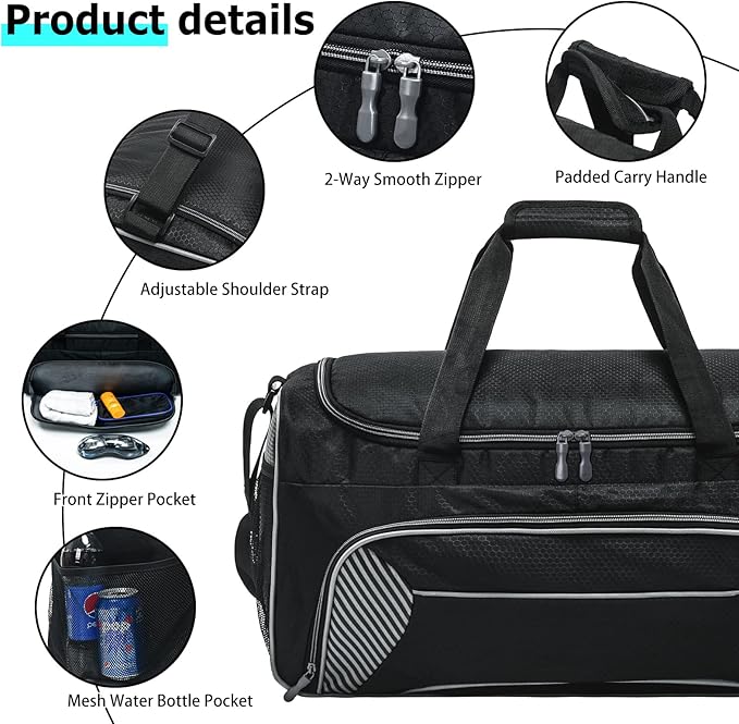 Mens Gym Bag 21 inch Large Overnight Weekender Duffle Bag for Travel Sport-Black/Grey