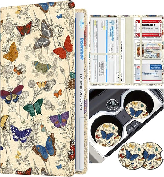 Slohif Car Registration and Insurance Card Holder - Butterflies Vehicle Glove Box Organizer Women with Magnetic Shut Leather Automobile License Holders Coasters Auto Accessories Case for Document