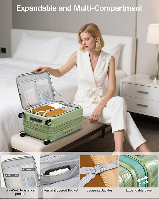 Hanke 24 Inch Expandable Luggage Top Opening Checked Bag Luggage Hard Shell Suitcases with Wheels Lightweight Travel Luggage Medium Suitcase with Lock for Woman Men-Bamboo Green