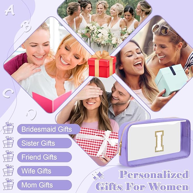 Personalized Initial Letter Clear Makeup Bag,Preppy Small Nylon&PVC Cosmetic Zipper Bag with Chenille Letter,Travel Skincare Toiletry Bag,Monogram Christmas Gift for Teen Girls Women,I