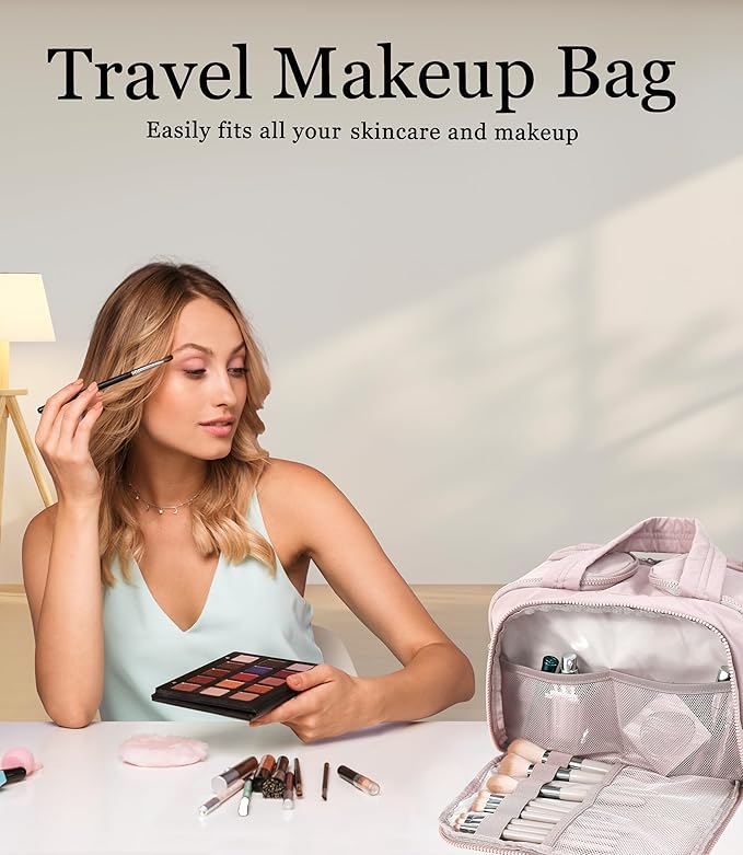 Travel Toiletry Bag for Women, Large Wide-open Puffy Cosmetic Makeup Bag with Wet-Dry Separation, Multi-Pocket Organizer with Carry Handle for Toiletries, Cosmetics, Essentials, Light Pink