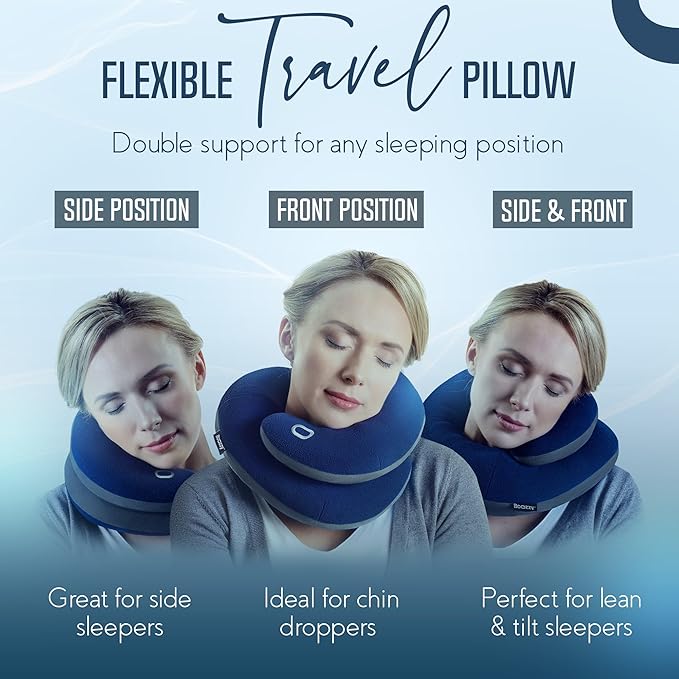 BCOZZY Travel Neck Pillow for Airplane – Patented Double Support for Head, Neck, and Chin. Best for Long Flights, Plane Sleeping & Car Rides. Adjustable Size. Fully Washable. Carry Bag. X-Large, Navy
