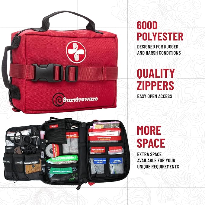 Surviveware 119 Pcs Comprehensive Premium Survival First Aid Kit - Medical Emergency Kit for Travel Camping Gear, Home Essentials & Outdoor Emergencies - HSA & FSA Eligible Survival Kit