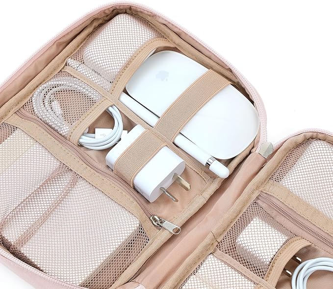 NISHEL Travel Cord Organizer Case, Tech Electronic Bag, Essentials for Charger, Cable, Phone, Hard Drive, USB, SD Card, Pink