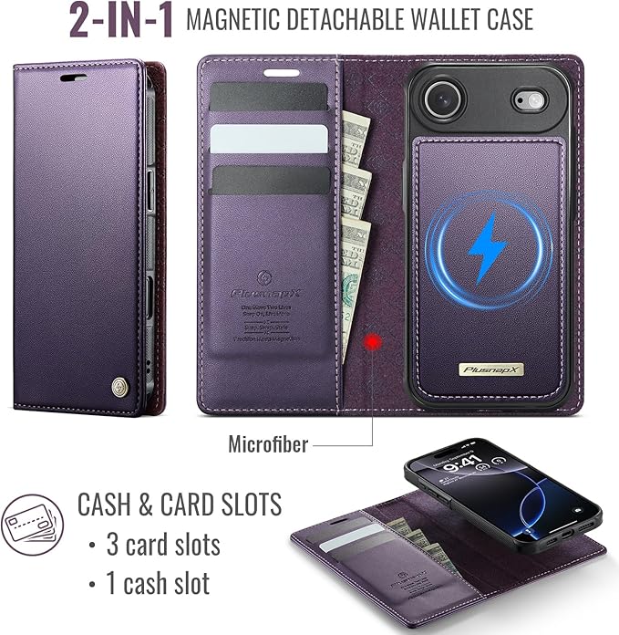 PlusnapX Wallet Case for iPhone Air Compatible with Magsafe, 2-in-1 PU Leather Flip RFID Blocking Card Holder Stand ShockAirof Magnetic Detachable Cover for iPhone 17 Air Case 6.5", Fashion Purple