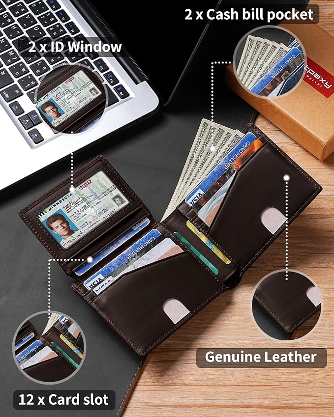 Artpaxy Mens Wallet Bifold Genuine Leather RFID Blocking Wallet for Men with 2 ID Windows 12 Card Holders 2 cash pockets 1 Gift Box