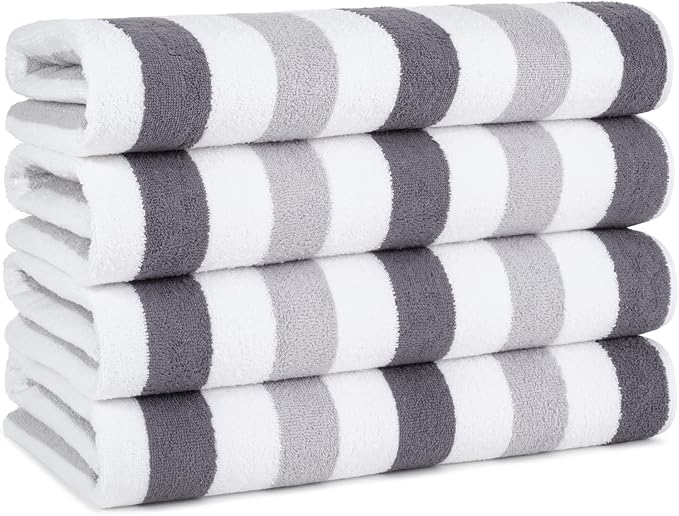 Arkwright Cabo Cabana Stripe Beach Towel - Pack of 4 - Large Soft Quick Dry Cotton Terry Towels for Pool, Swim, and Hot Tub, Oversized 30 x 70 in, Charcoal/Silver