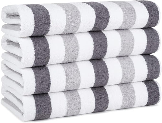 Arkwright Cabo Cabana Stripe Beach Towel - Pack of 4 - Large Soft Quick Dry Cotton Terry Towels for Pool, Swim, and Hot Tub, Oversized 30 x 70 in, Charcoal/Silver