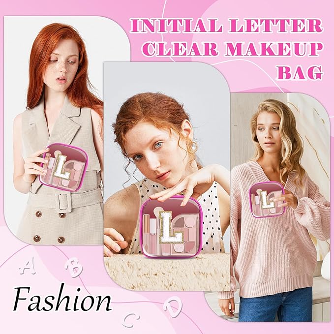 Personalized Initial Letter Clear Preppy Makeup Bag,Mini Nylon Chenille Letter Cosmetic Bag Cute Zipper Pouch Coin Purse for Teen Girls,Portable TSA Approved Travel Essentials Bag Gift for Women,L