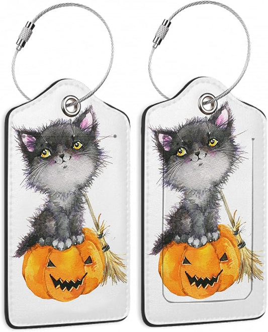 Cute Cat Luggage Tag,Halloween Pumpkin Luggage Tags of Set 2 Leather Identifiers Privacy Cover with Stainless Steel Loop for Women Men Travel Bag Suitcase