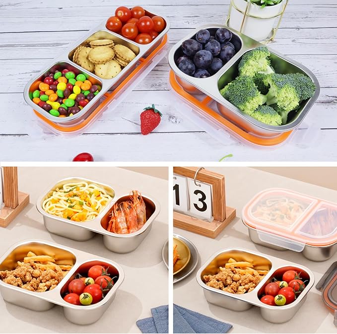 Ahongwenxi Large Stainless Steel Snack Box Containers, Reusable 2 Compartment Condiment Box with Lids, Food Container Sauce Cups, Divided Food Storage Containers for Home and Travel (Clear Lid)