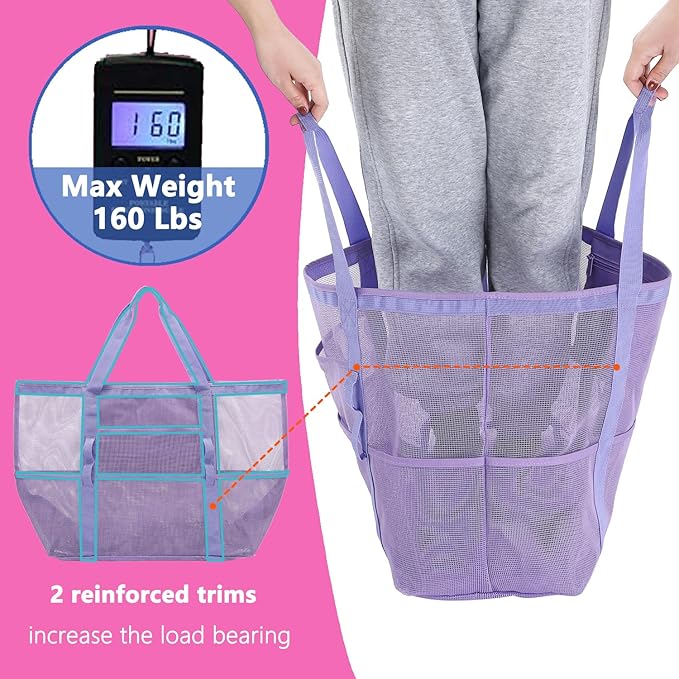 Mesh Beach Bag, Large Beach Tote with Zipper Pocket for Family Pool Bag for Toys & Vacation Essentials