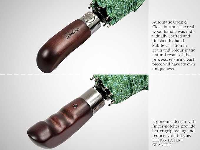 Balios Travel Folding Umbrella with Real Wood Handle Auto Open Close Vented Windproof Canopy - Designed in UK