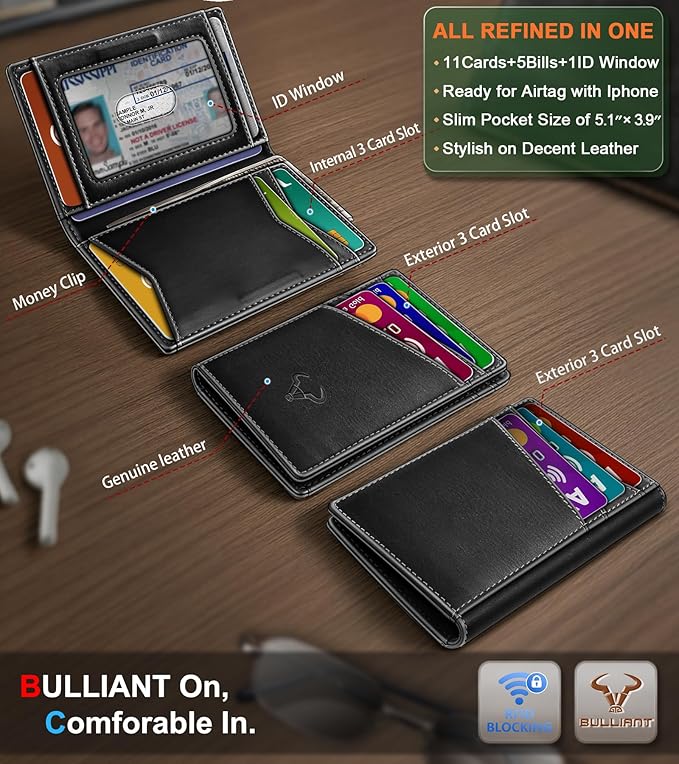 BULLIANT Men Wallet,Top Grain Leather Slim Wallet Magnetic Closure Simplifed Bill Folder RFID Blocking 11Cards