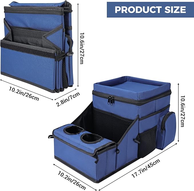 COOLBEBE Car Seat Organizer, Backseat Car Organizer with Cup Holders for Kids and Adults Travel, Cooler Compartment Passenger Seat Organizer Storage Box for Front or Middle Seat, Navy Blue