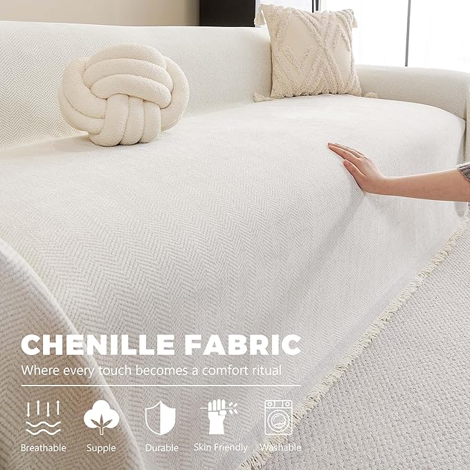 Chenille Couch Cover for 3 Cushion Sofa Pet Friendly Furniture Covers, Boho Sofa Covers Washable L Shape 3 Seater Couch Cover, 71"x 134", Beige