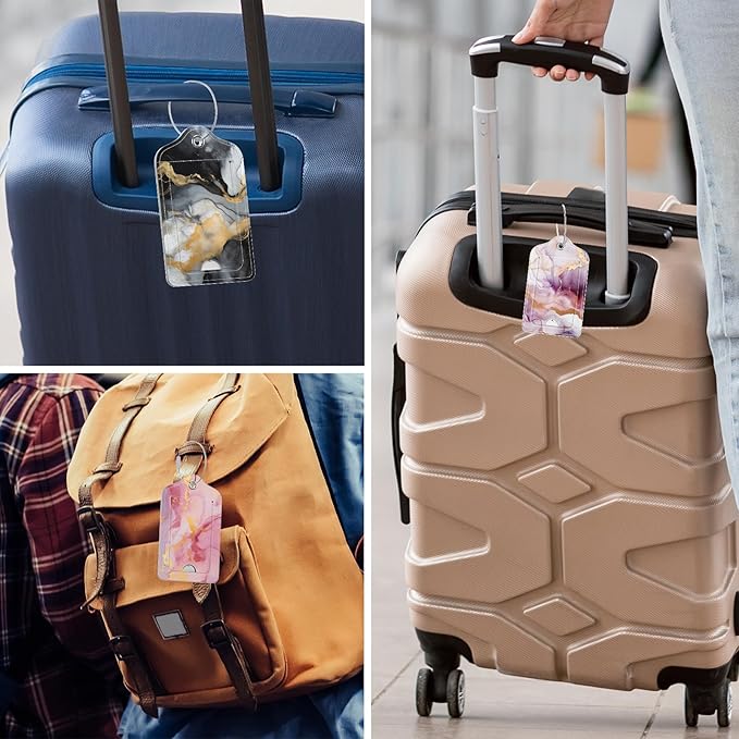 Rimilak 3 Pcs PU Leather Luggage Tags for Suitcase, Travel Cruise Luggage Tag with Privacy Flap, Name ID Label and Metal Loop for Women Men Baggage Handbag School Bag Backpack, Pink Gold Marble