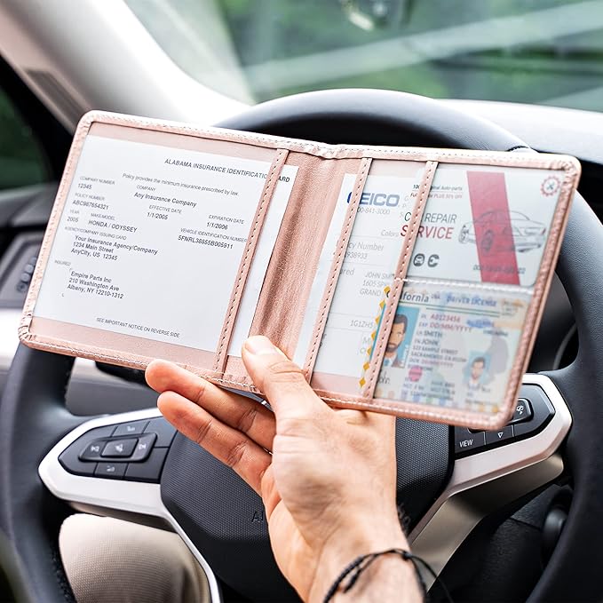 CANOPUS Car Registration and Insurance Holder, PU Leather Card Holder, Vehicle Glove Box Organizer for Auto, SUV, Truck and Motorcycle, Rose Gold